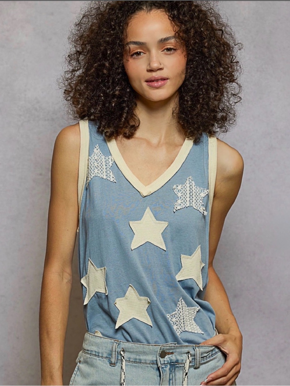 POL Blue Tank Top with Cream Star Appliqués